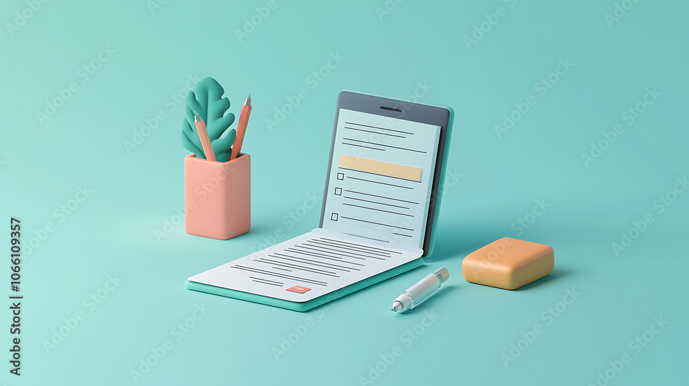 Fototapeta premium A 3D vector illustration of a mobile application form, the process of filling out an online mortgage or credit claim via a smartphone, It also represents survey submissions or document applications