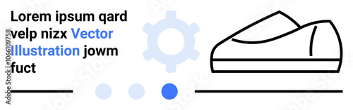 Black outline of a sports shoe, light blue gear shape, three blue dots, and placeholder text. Ideal for design projects, branding, sportswear, marketing, digital content, websites, and presentations