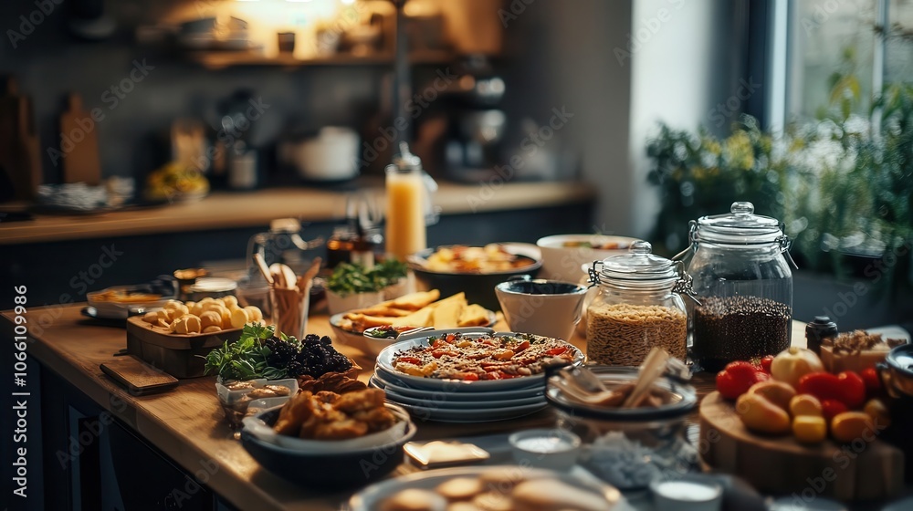 Fototapeta premium Gourmet breakfast spread with vibrant dishes, soft lighting, sleek modern kitchen, cozy atmosphere