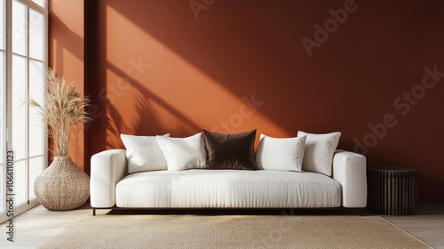 Minimalist living room with a white sofa, terracotta wall, and a wicker vase. photo