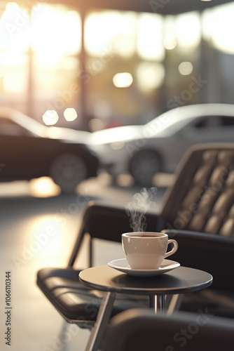 Modern Automotive Service Center Waiting Area with Coffee Cup and Stylish Chairs