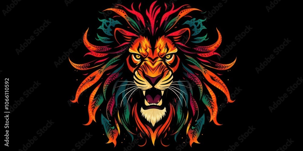 Fototapeta premium Artistic lion with vibrant colors and intricate patterns on a black background, vibrant, creative