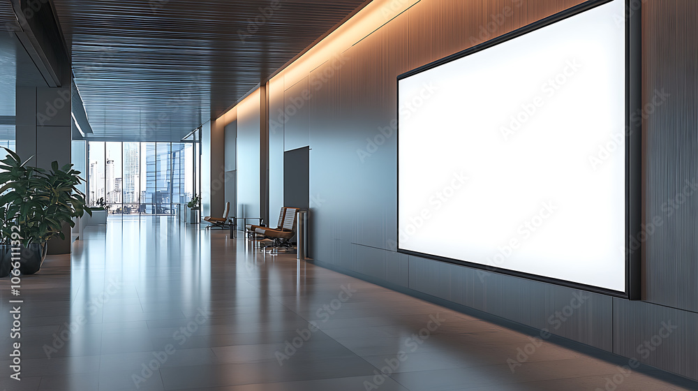 sleek digital billboard in modern office lobby seamlessly integrated into minimalist architecture soft ambient lighting highlighting frame sleek digital billboard in modern office lobby seamlessly integrated into minimalist architecture soft ambient lighting highlighting frame