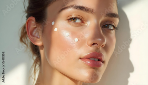 Beauty woman with cream SPF dots along her cheekbones - skin care photo