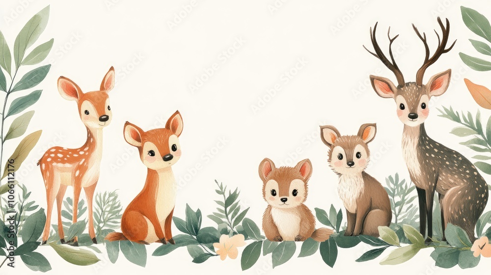 Naklejka premium Adorable Woodland Animals Illustration Featuring Deer, Fox, and Rabbit in a Lush Forest Setting with Greenery and Flowers