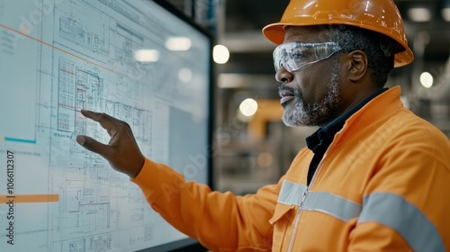 A Construction Worker Reviews a Blueprint on a Large Digital Display photo