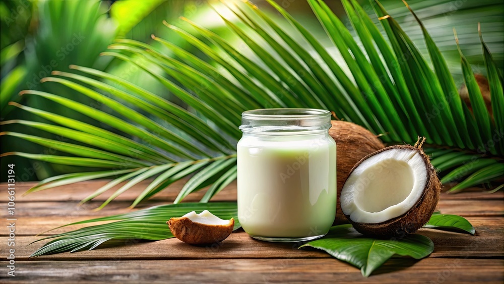Creamy coconut milk in a glass jar with a palm leaf background, dairy alternative, vegan, tropical, healthy Creamy coconut milk in a glass jar with a palm leaf background, dairy alternative, vegan, tropical, healthy