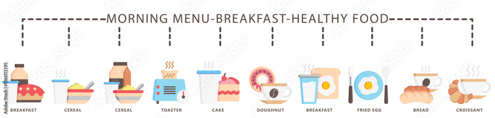 Breakfast, healthy food flat color icon banner. contain cereal, toaster ...