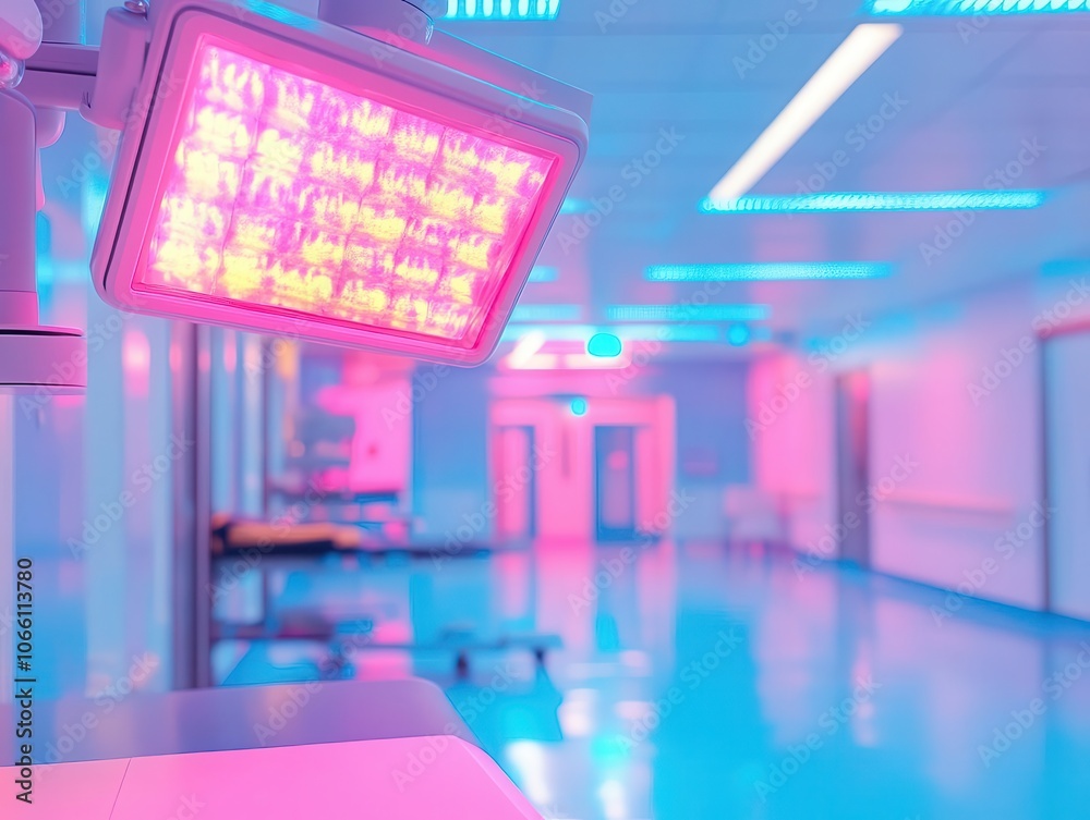 Fototapeta premium Hospital emergency room with vibrant lighting, sleek modern setup, dynamic movement, high-energy atmosphere
