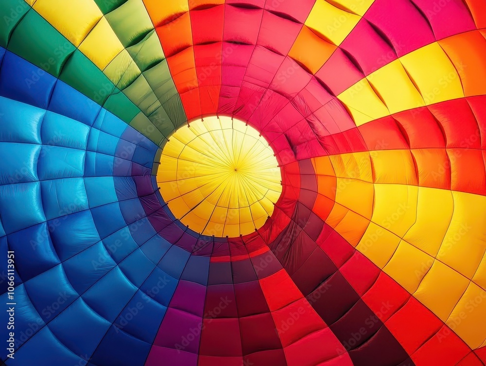 Fototapeta premium Hot air balloon ride with vibrant colors, soft lighting, serene atmosphere, dynamic movement, high contrast