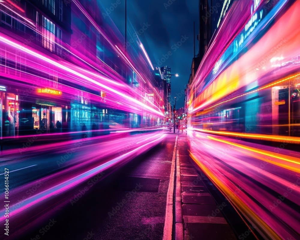 Fototapeta premium Light trails photography in a vibrant city, dynamic movement, soft lighting, high-energy atmosphere
