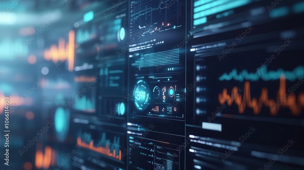 Fototapeta premium Medical data analysis with vibrant charts, sleek interface, soft lighting, high-tech healthcare atmosphere