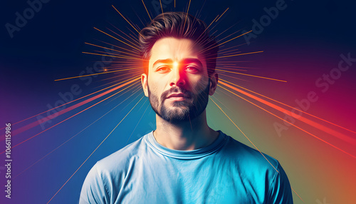 Contemporary art collage. New idea or creative inspiration. Man with abstract optical ray over color background. Concept of retro style isolated with white highlights, png photo