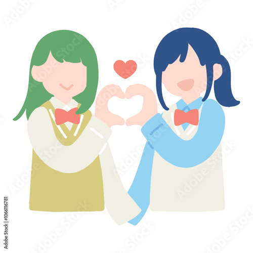手でハートをつくる学生服の仲良しペア[女性]のフラットなイラスト
