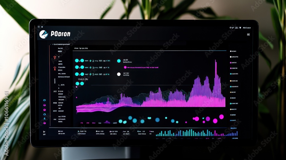 Computer Screen Displaying Data Analysis with Pink and Blue Graphs Computer Screen Displaying Data Analysis with Pink and Blue Graphs