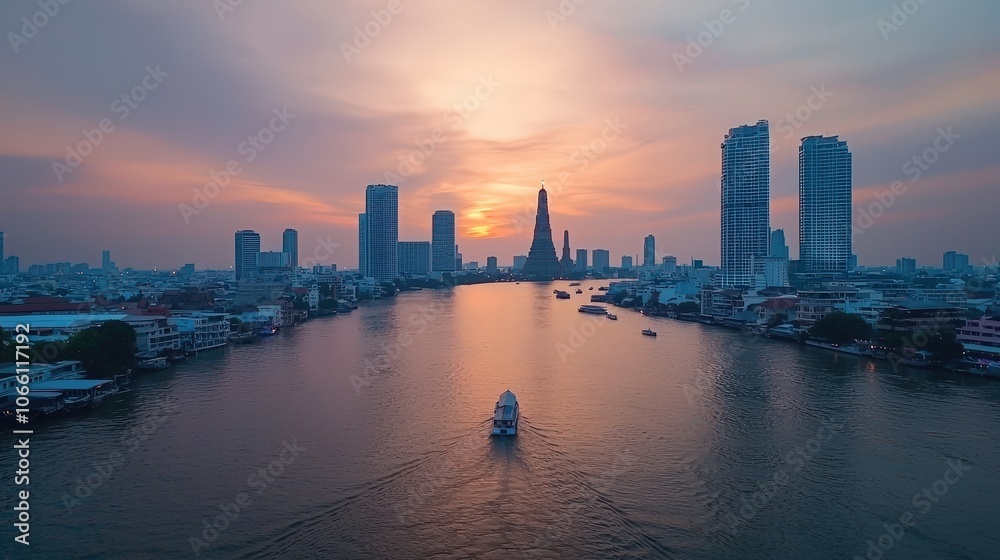Obraz premium Wat at sunset with the Chao Phraya River glowing in warm hues of orange and pink