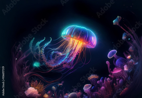 A glowing jellyfish with long tentacles drifts in a dark, fantastical underwater environment filled with colorful, bioluminescent coral.