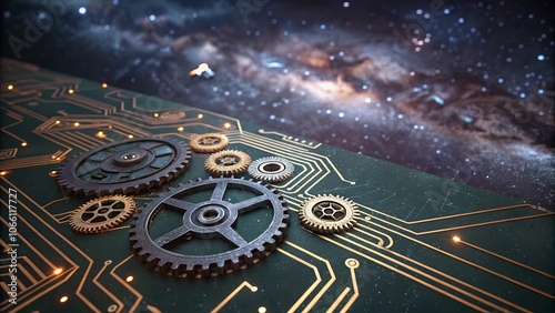 Wallpaper Mural Interconnected Gears on a Circuit Board, with a Starry Night Sky in the Background Torontodigital.ca