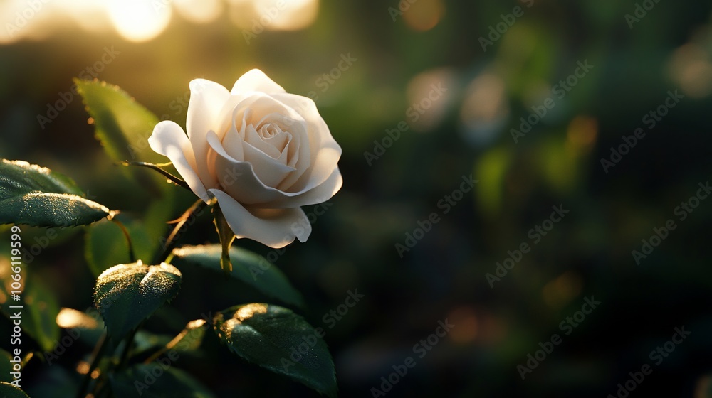 Obraz premium A single white rose blooms in the soft glow of the setting sun, with green leaves in the background.