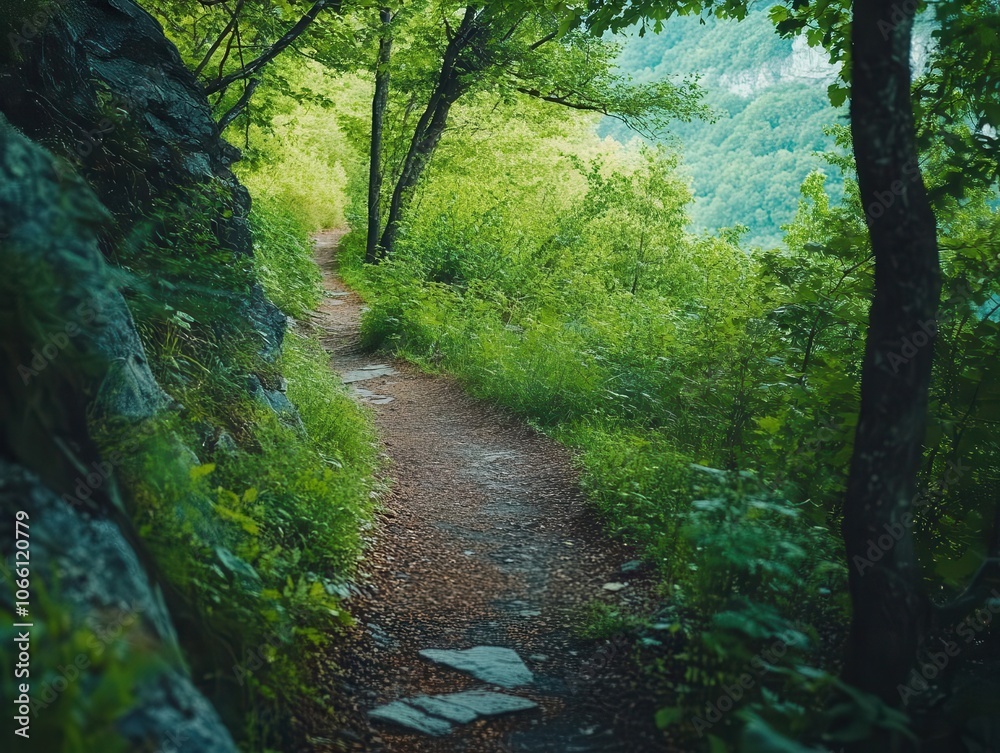 Fototapeta premium Scenic mountain trail with vibrant greenery, dynamic movement, soft natural lighting, serene atmosphere