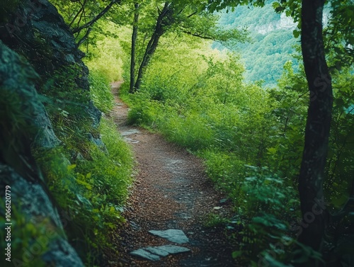 Scenic mountain trail with vibrant greenery, dynamic movement, soft natural lighting, serene atmosphere