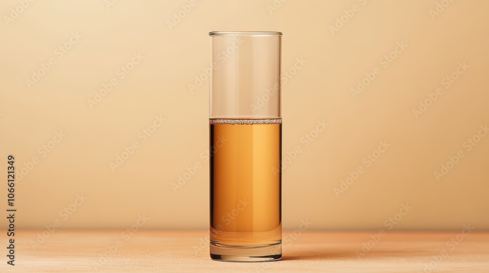 A tall, clear glass rests on a smooth surface, partially filled with a golden amber liquid. A tall, clear glass rests on a smooth surface, partially filled with a golden amber liquid.