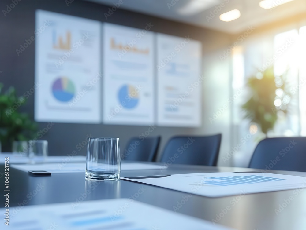 Naklejka premium Startup business plan presentation with vibrant slides, dynamic movement, soft lighting, modern boardroom