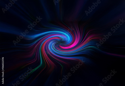 A swirling, abstract design with vibrant blue and pink light against a dark background.