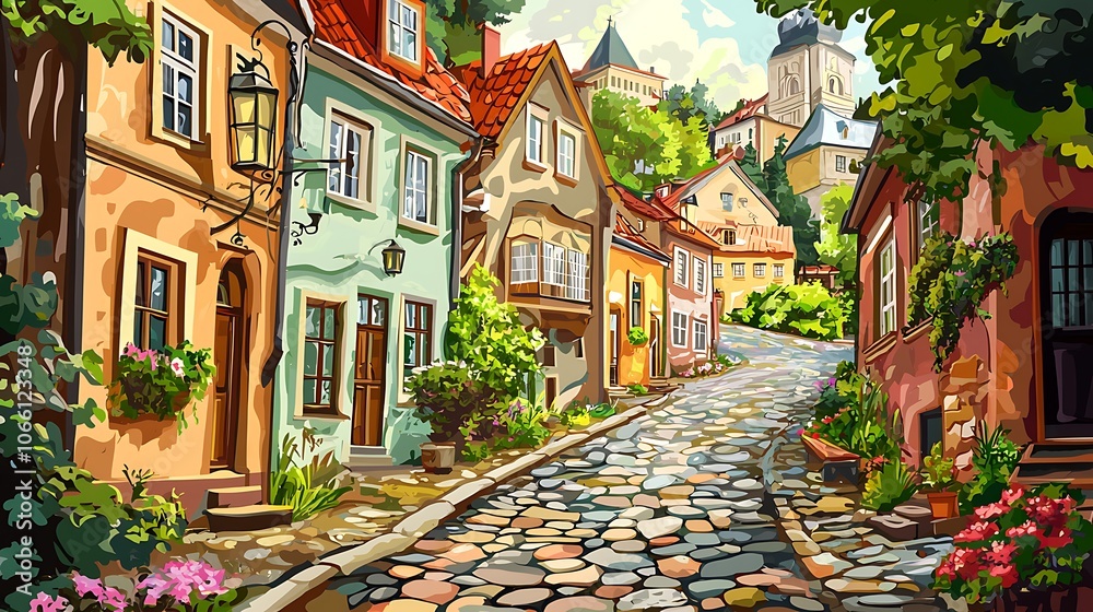 Fototapeta premium Charming Cobblestone Street in a Picturesque European Town.