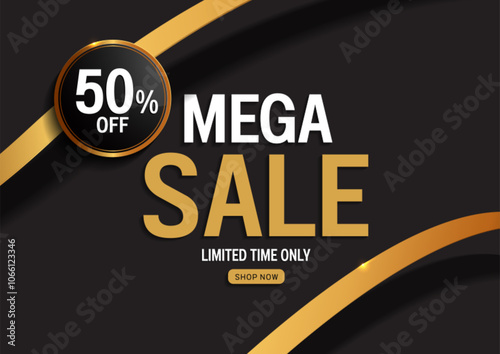 Black gold mega sale 50percent off, banner template, perfect for department stores promotions. marketing poster for social media product sale ads, Vector illustration, not AI-generated