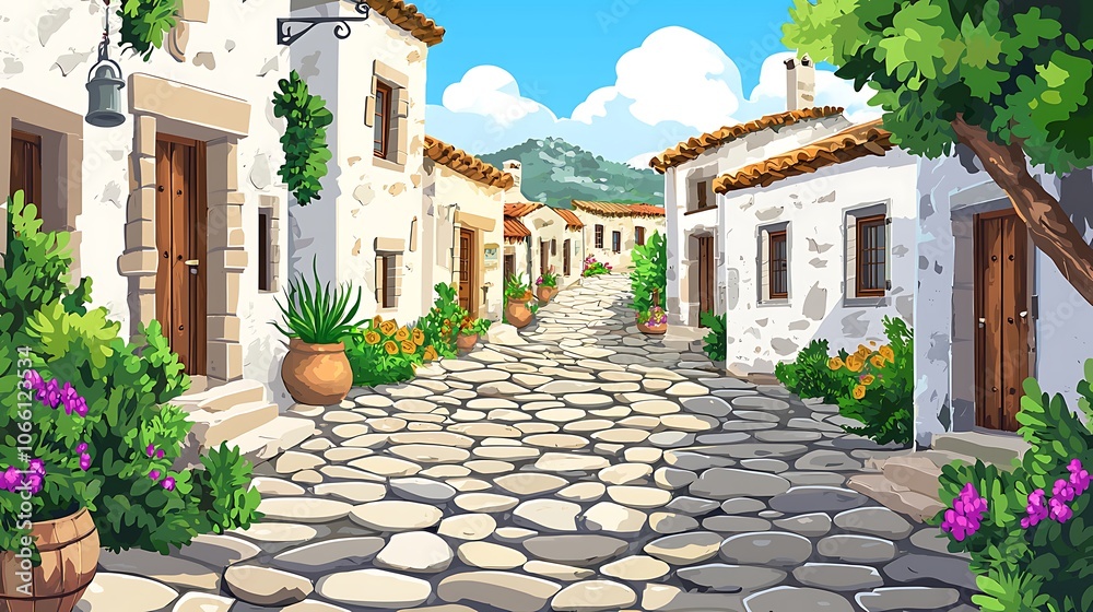 Naklejka premium Cobblestone Street in a Quaint Mediterranean Village.