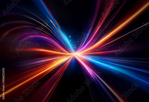 Abstract colorful light streaks converge in the center of a dark background.