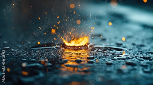 Shiny Raindrops on Dark Asphalt Surface in Macro View