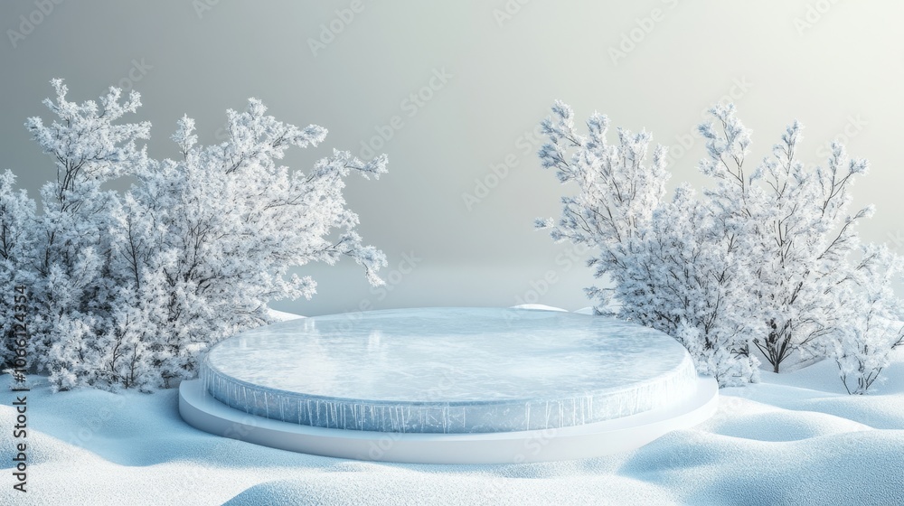 Fototapeta premium Winter podium with subtle ice textures and snow, 3D design isolated on white