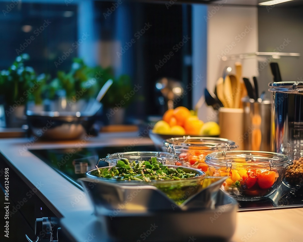 Vegan meal prep with vibrant ingredients, sleek kitchen, soft lighting, clean design, healthy lifestyle vibe Vegan meal prep with vibrant ingredients, sleek kitchen, soft lighting, clean design, healthy lifestyle vibe