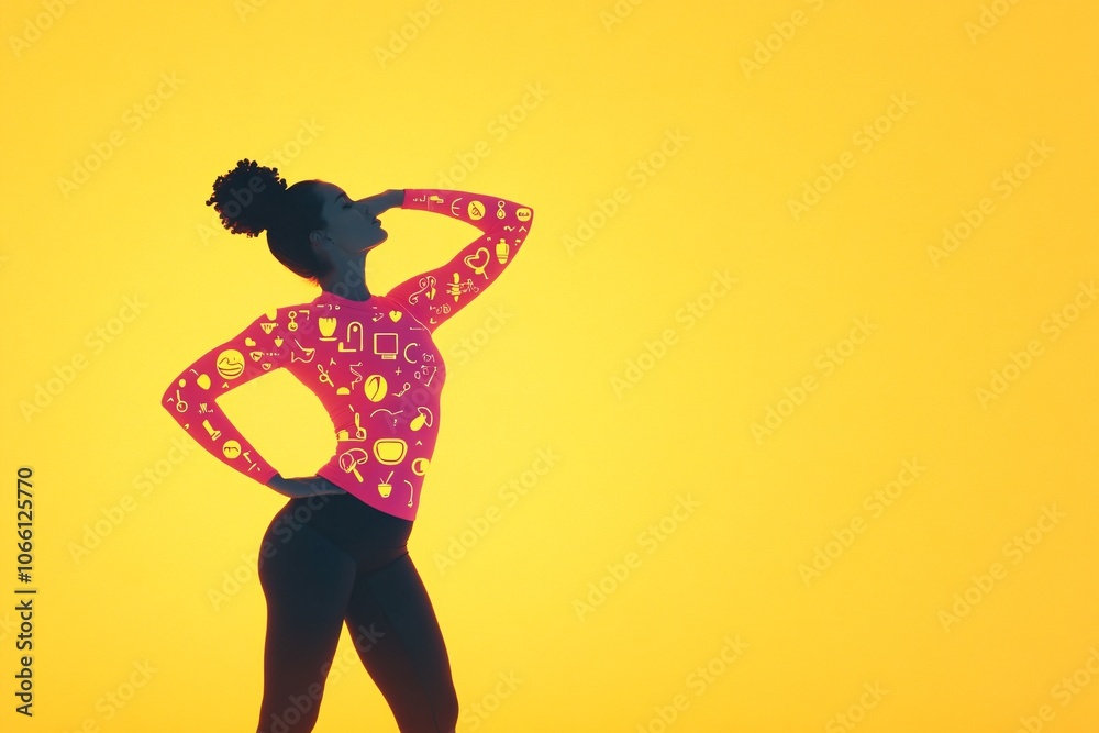 Person Stretching in Sunlight with Icons of Positivity and Strength Person Stretching in Sunlight with Icons of Positivity and Strength