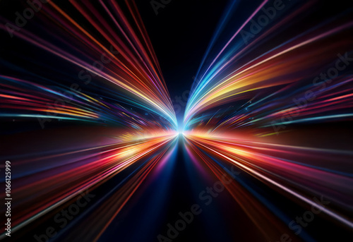 Abstract image of light streaks radiating from a central point, creating a sense of speed and motion. photo