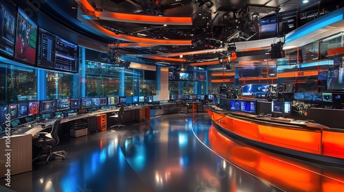 A modern news studio with multiple screens, desks, and a curved control desk.