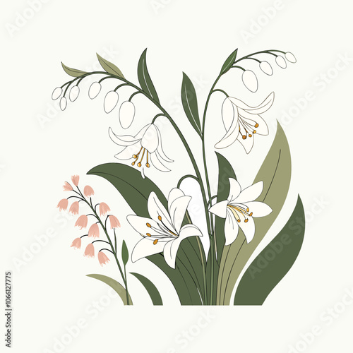 A seamless vector pattern with a delicate floral design featuring lily of the valley, snowdrops, and lilies, capturing the beauty of a spring garden