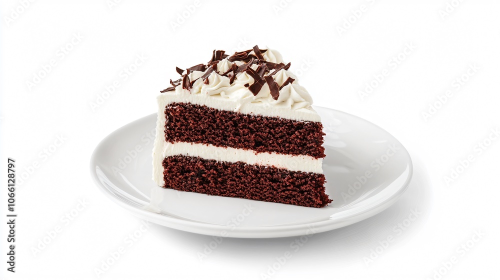 Slice of Chocolate Cake with White Frosting and Chocolate Shavings on a White Plate