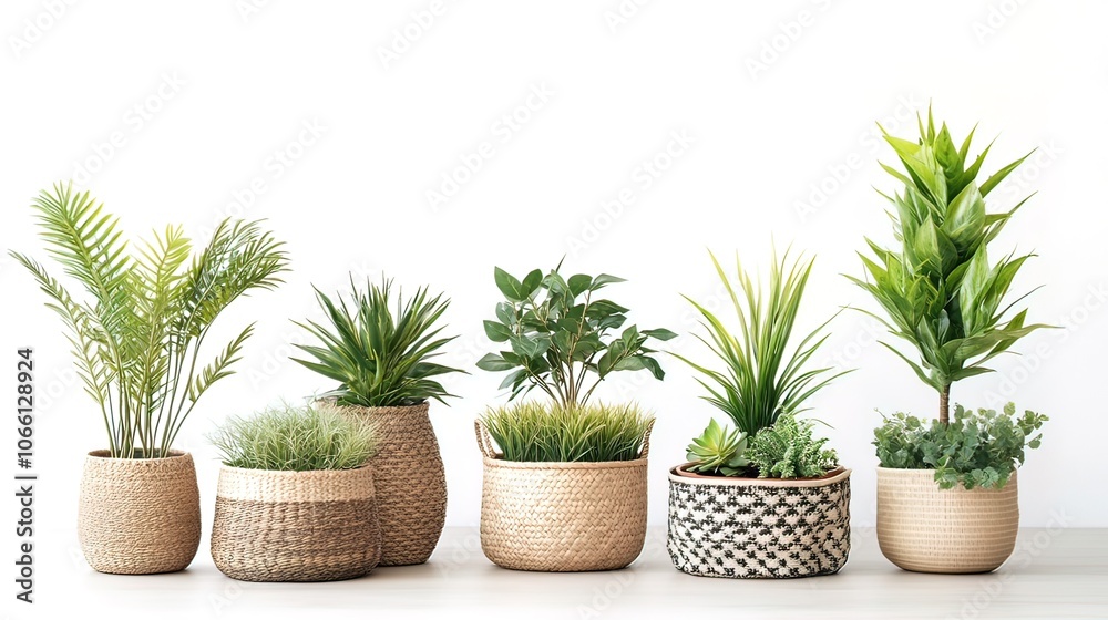 Obraz premium A row of six potted plants with various textures and styles in woven baskets against a white wall.