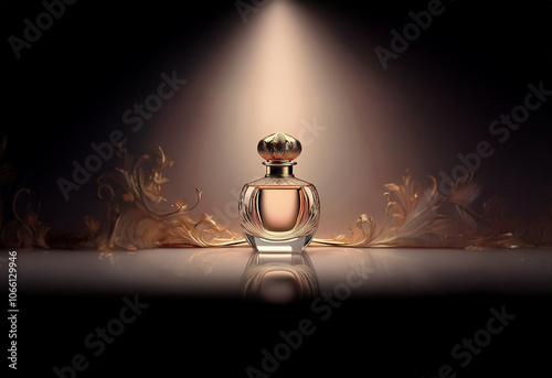 A single bottle of perfume sits on a reflective surface, illuminated by a spotlight. Wisps of a golden liquid swirl around it.