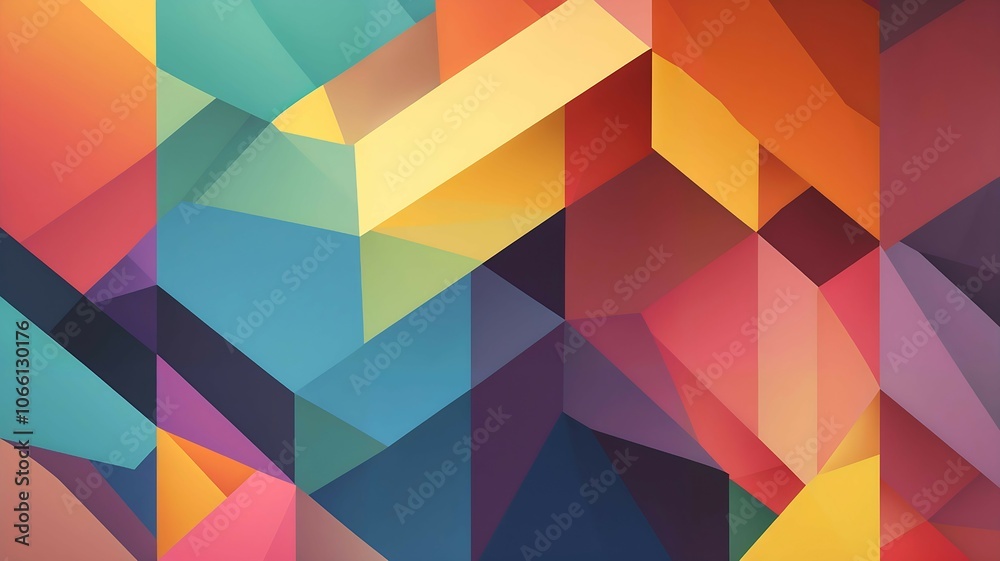Fototapeta premium Abstract geometric pattern with overlapping colorful polygons in shades of orange, yellow, blue, pink, and purple, creating a vibrant mosaic background Imagination-Studio