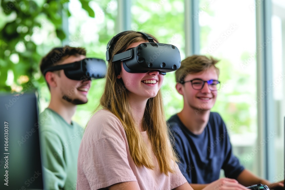 Three young adults wearing VR headsets, smiling and looking at the camera. Three young adults wearing VR headsets, smiling and looking at the camera.
