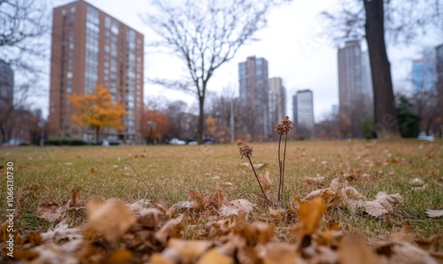 A single dry plant stands in the foreground of a grassy park with fallen leaves and a blurry view of tall buildings in the background.