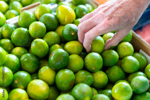 A man's hand picking a lime from a bin of organic oblong shaped healthy limes. The fresh juicy vibrant thick peel of the citrus has a tint of green around the pedicle of the ripe sour fruit. 