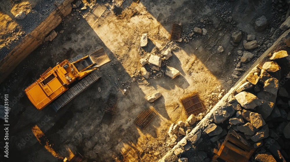 Aerial View of a Yellow Excavator in a Quarry Aerial View of a Yellow Excavator in a Quarry