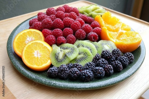 Plate with a variety of fresh fruits like berries, oranges, and kiwi, rich in vitamins and antioxidants for skin photo