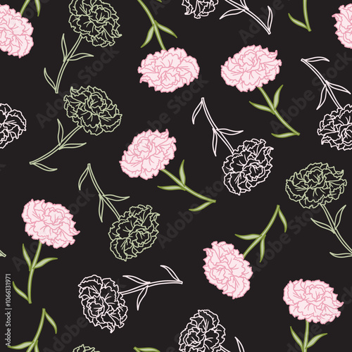 Soft Pink White Carnation Silhouette Pattern Art. This seamless pattern features carnation flower stalks, creating a delicate and nature-inspired design perfect for various creative projects.