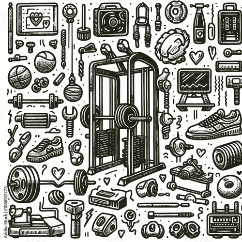 Smith machine doodle set vector 
